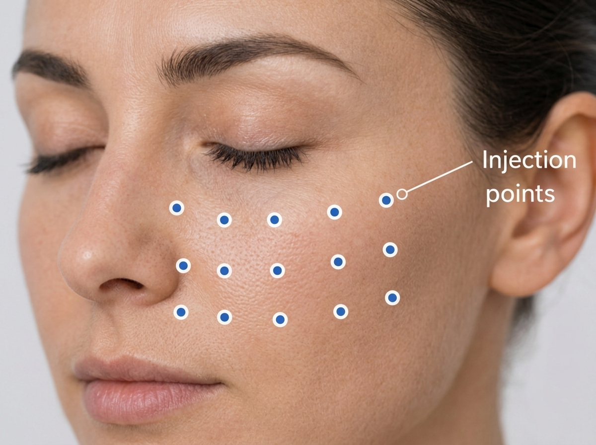 MicroBotox injection points across the cheek and T-zone for oily skin