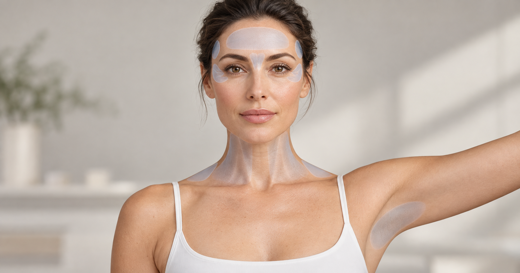Clinical illustration of an adult face and upper torso with subtle highlights over common facial, head, neck and underarm botulinum toxin treatment areas.
