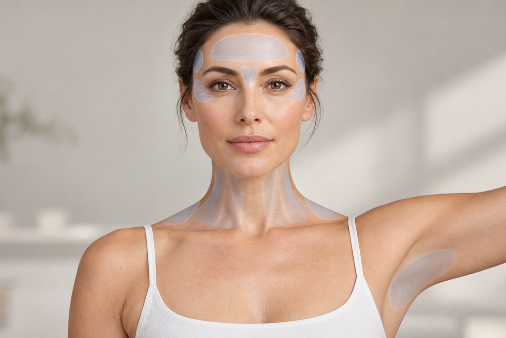 Clinical illustration of an adult face and upper torso with subtle highlights over common facial, head, neck and underarm botulinum toxin treatment areas.