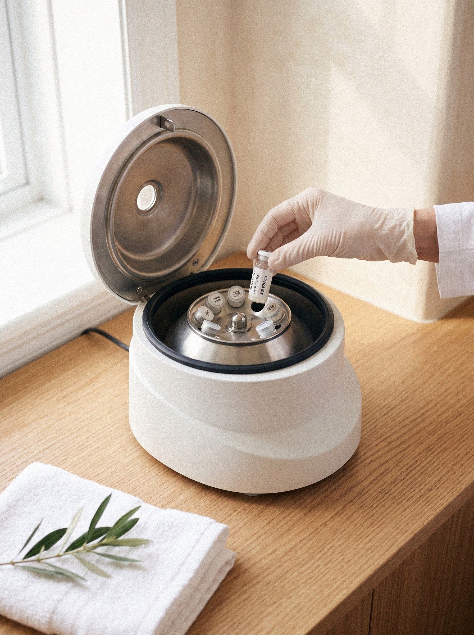 A gloved hand lifts a sample tube from a small centrifuge on a light oak counter.