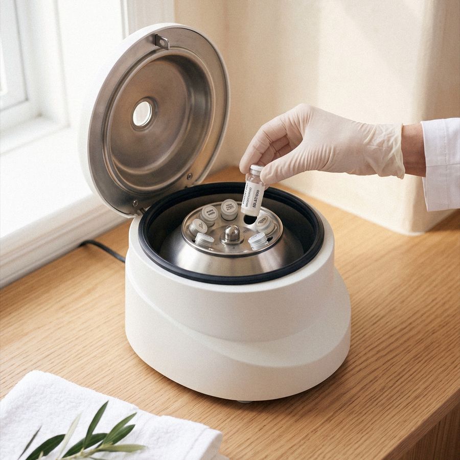 A gloved hand lifts a sample tube from a small centrifuge on a light oak counter.