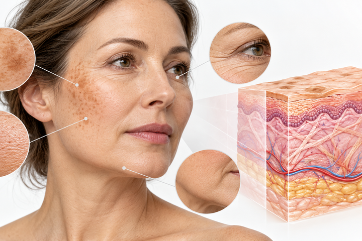 Medical illustration of a woman in her forties showing pigmentation, fine lines, skin texture changes and deeper skin layers.