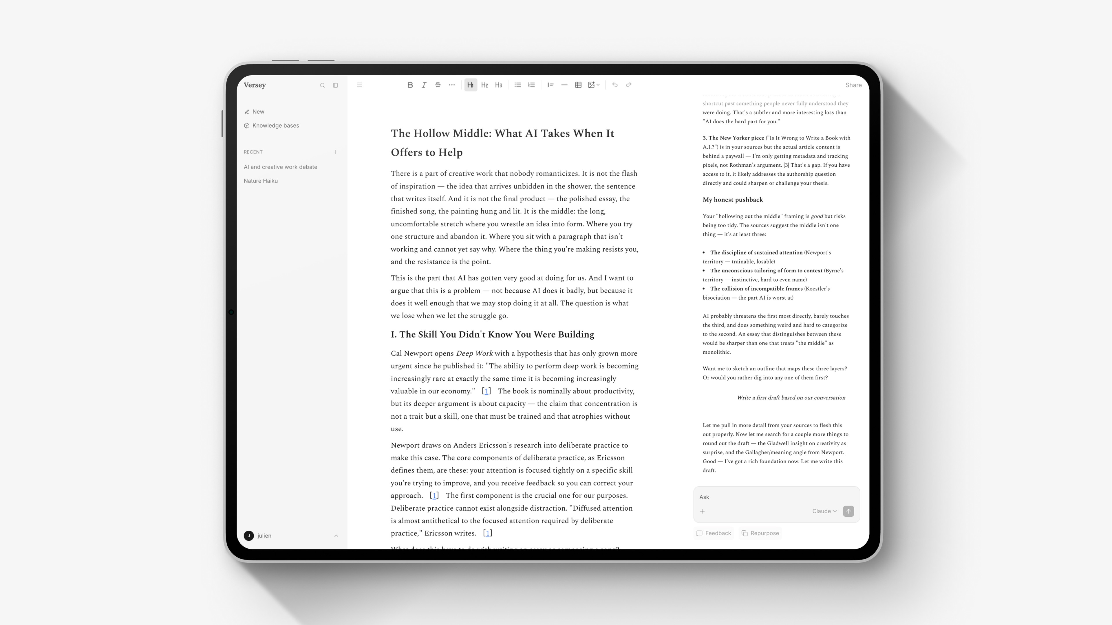In real use: research material, AI feedback, and live drafting in a single working environment.