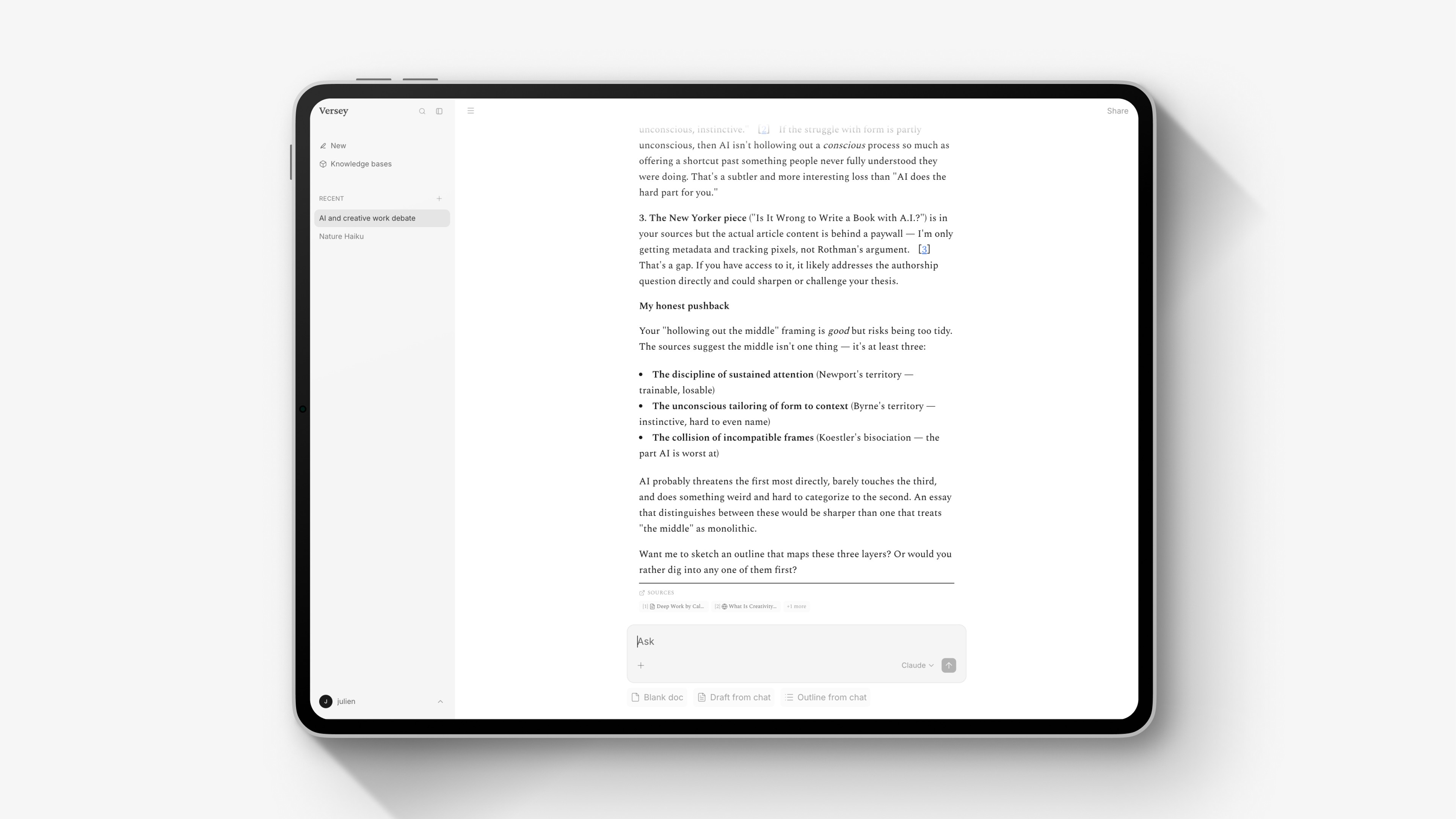 Source attribution lives both inline (numbered references) and as cards below the response - titles, types, and provenance visible at a glance.