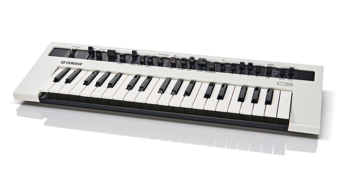 The Yamaha Reface CS synth on a white table.
