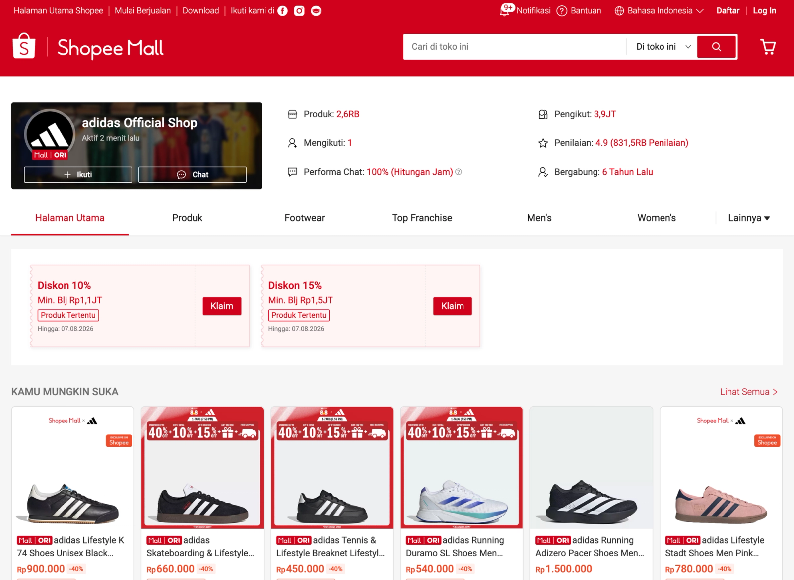 adidas official store page on Shopee