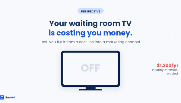 Illustration of a turned-off TV in a clinic waiting room with a $1,200/year callout to the right, showing the cost of an idle lobby screen.