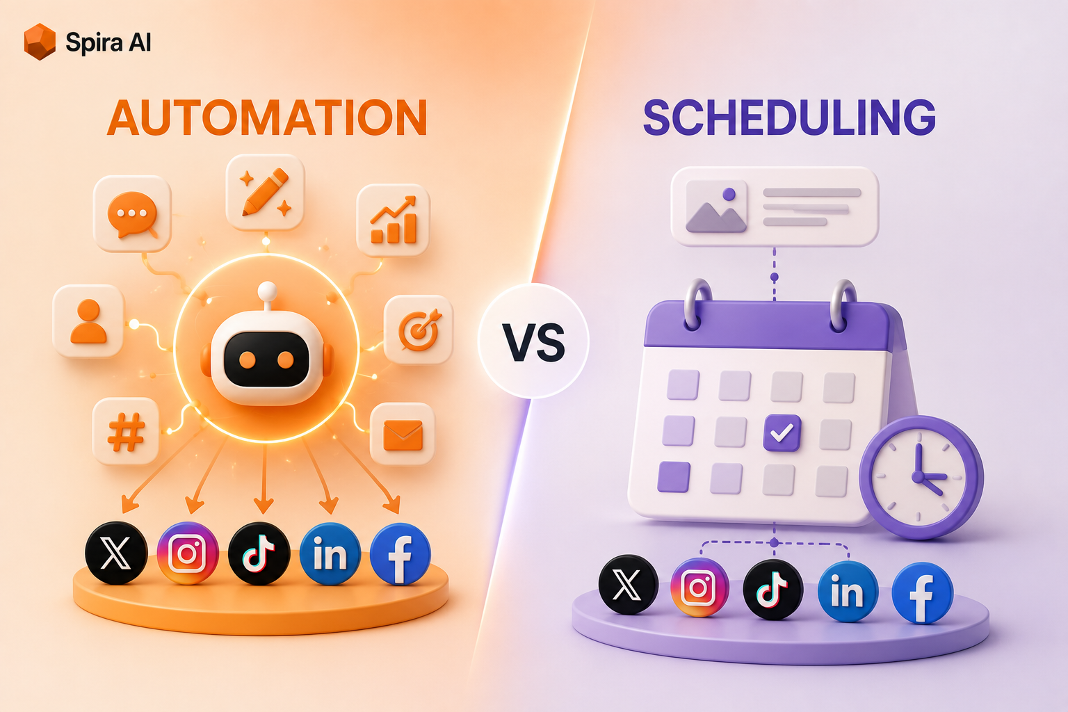 Social media automation versus scheduling compared across triggers, scope, and intelligence