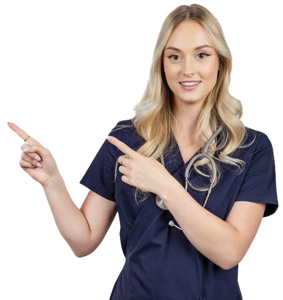 Uśmiechnięta pielęgniarka z blond włosami w granatowym ubraniu medycznym i ze stetoskopem, która wskazuje palcami na profesjonalne usługi Ośrodka Zdrowia w Turośni Kościelnej