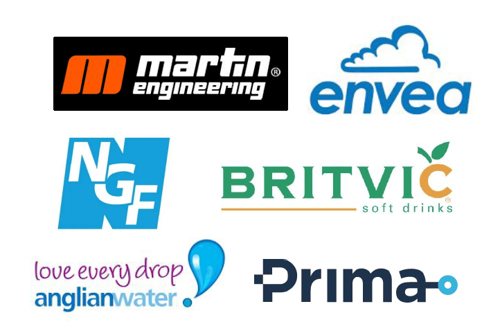 Customer logos including Martin Engineering, ENVEA, NGF, Britvic, Anglian Water and Prima