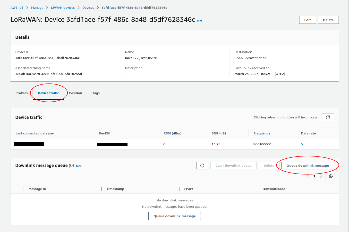 AWS Console view to initiate a downlink.