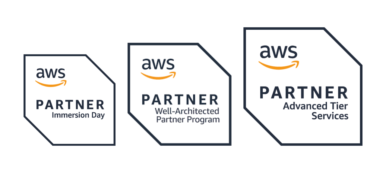 three AWS Badges: AWS Partner Immersion Day, AWS Partner Well-Architected Partner Program, AWS Partner Advanced Tier Services