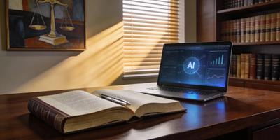 A laptop displaying AI analytics next to an open law book on a desk, symbolizing AI transforming legal risk assessment in China.