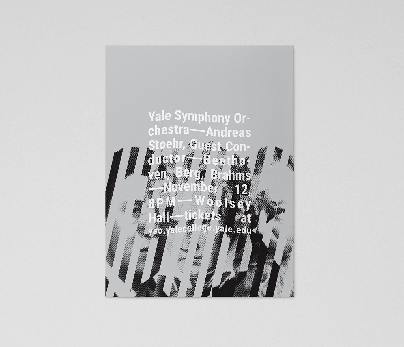 Minimalist modern poster design for The Yale Symphony Orchestra’s concert Three Viennese Bees: collaged images of Beethoven, Berg, and Brahms on a gray background, overlaid with wavy white typography.