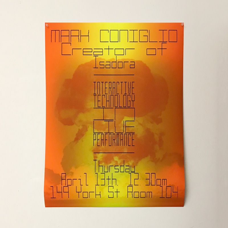 An orange poster with an image of a mushroom cloud reads Mark Coniglio, Creator of Isadora - Interactive Technology in Live Performance