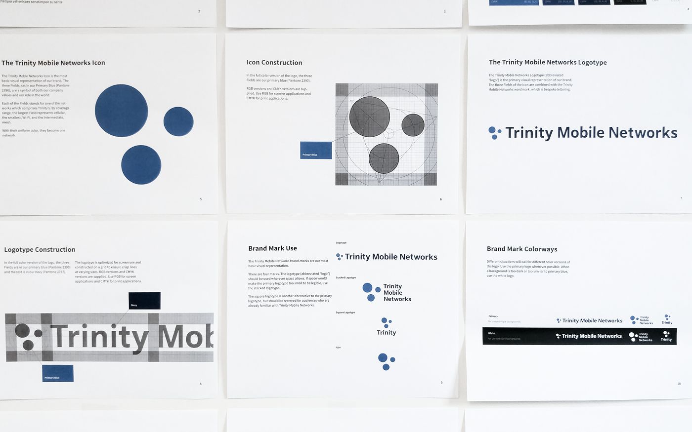 Pages from the Trinity Mobile Networks brand guidelines