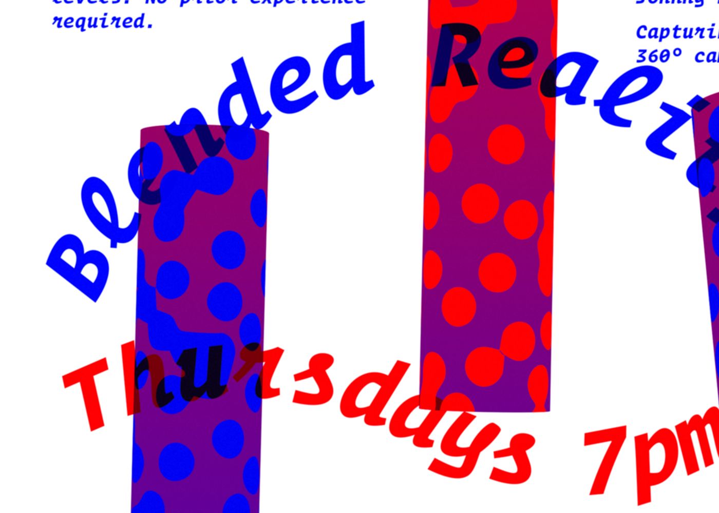 Detail of Blended Reality Workshops schedule poster with 3D red and blue bars.