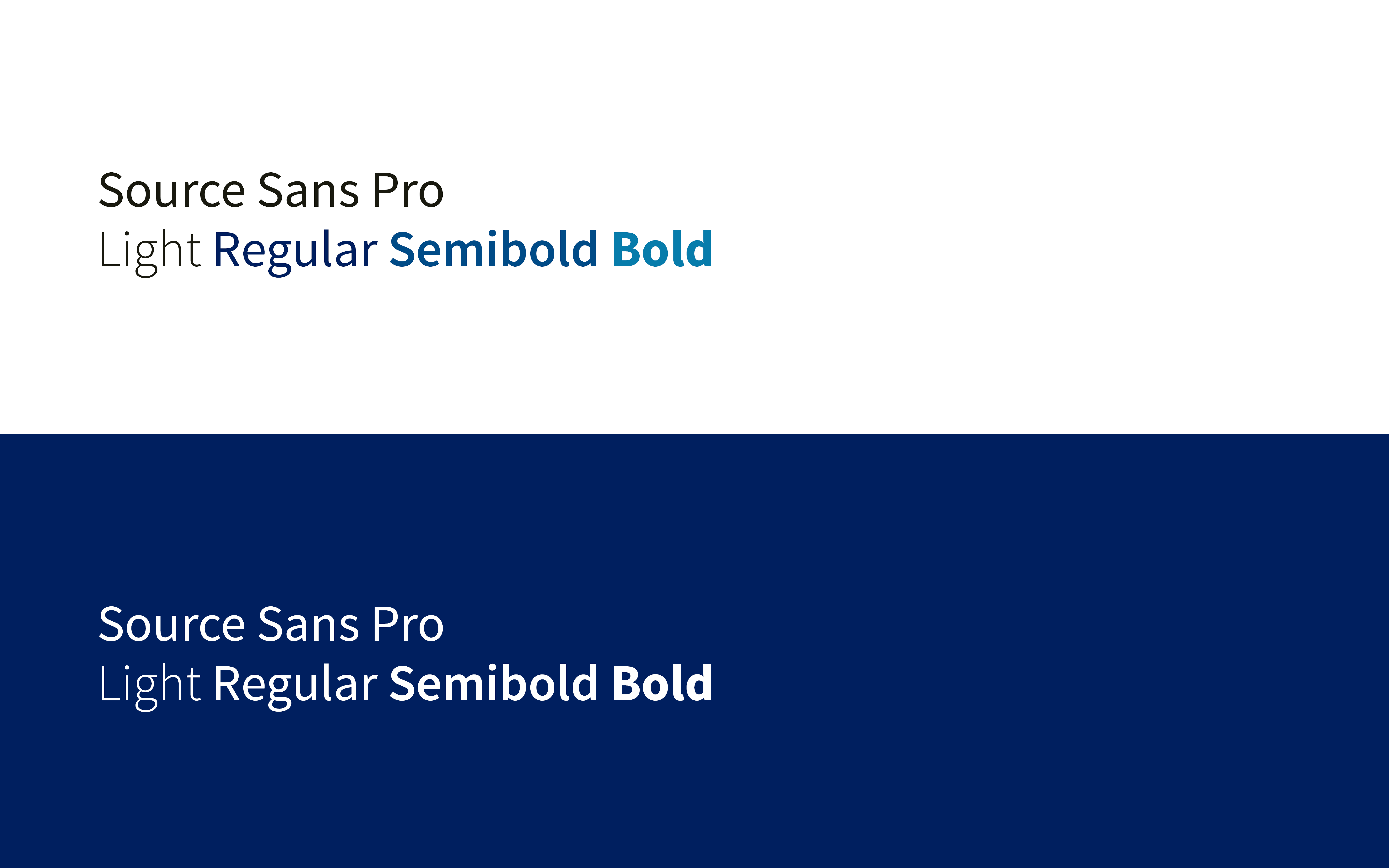 Light, Regular, Semibold, and Bold weights of Source Sans Pro, a tall humanist sans-serif font, on white and dark backgrounds