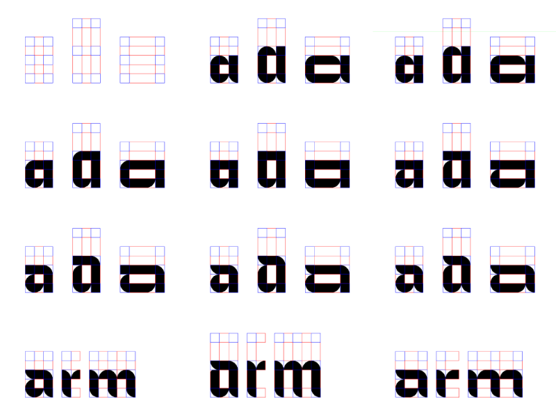 A study for the variable typeface: the letter a and the word arm in various styles, stretched wide and tall to show the flexibility of the font.