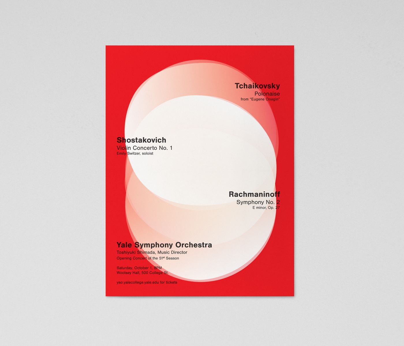 Minimalist Swiss poster design for The Yale Symphony Orchestra’s Opening Concert of the 51st Season. Circular white designs overlap and float on a red background. Black text describes the concert: Tchaikovsky, Shostakovich, and Rachmaninoff