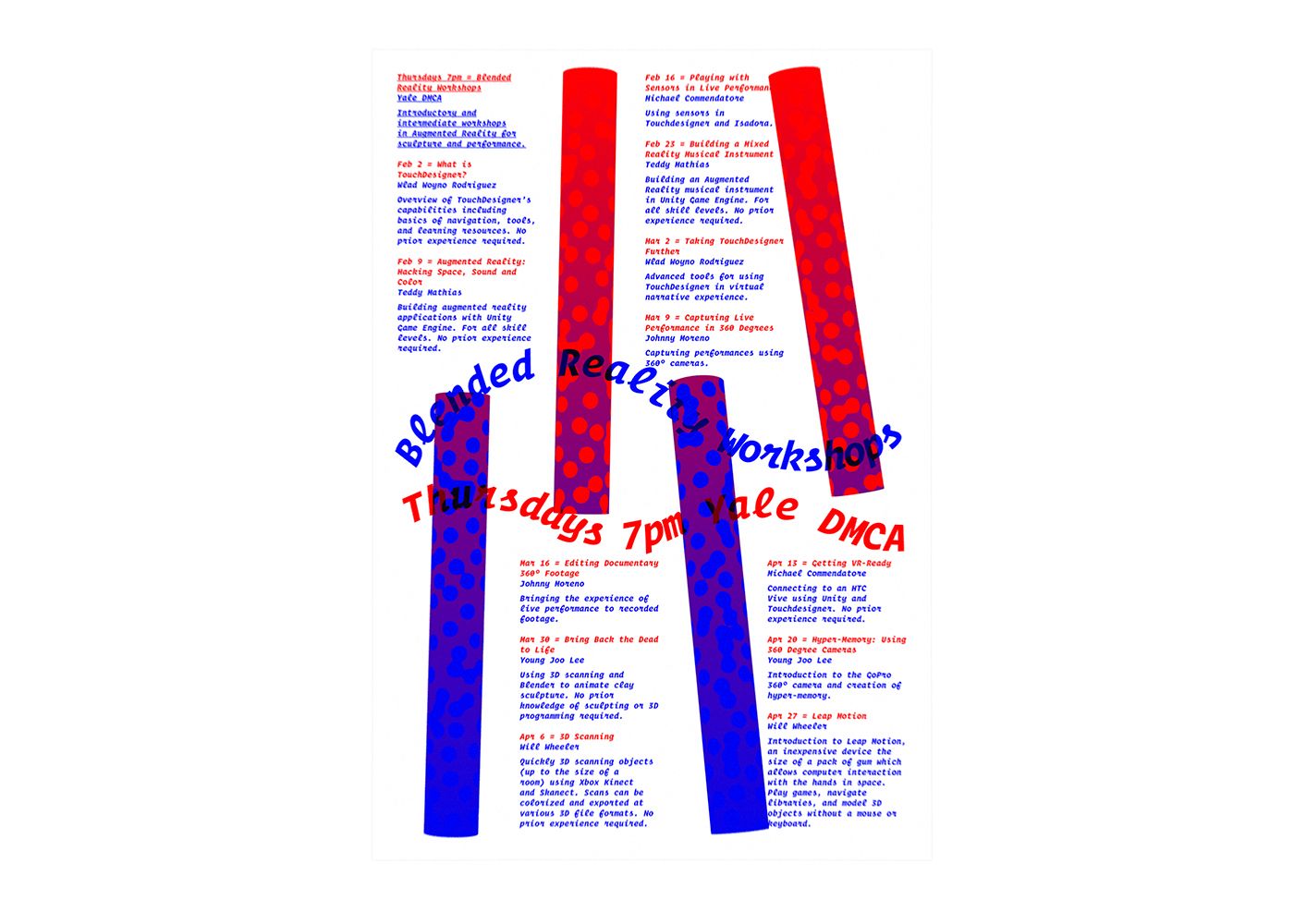 Modern red and blue geometric poster design for the Yale Digital Media Center for the Arts’ Blended Reality Workshops schedule