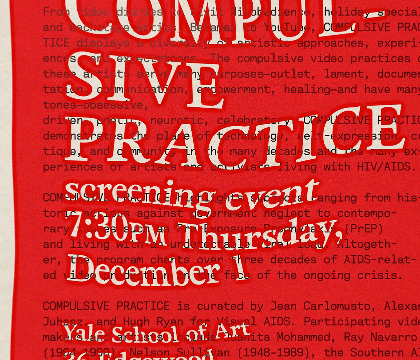 Detail of poster for Compulsive Practice screening event, designed for Yale University Digital Media Center for the Arts