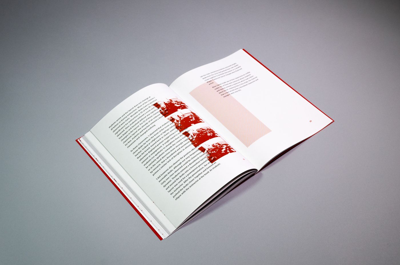 A spread with red photos printed in the inside margin.