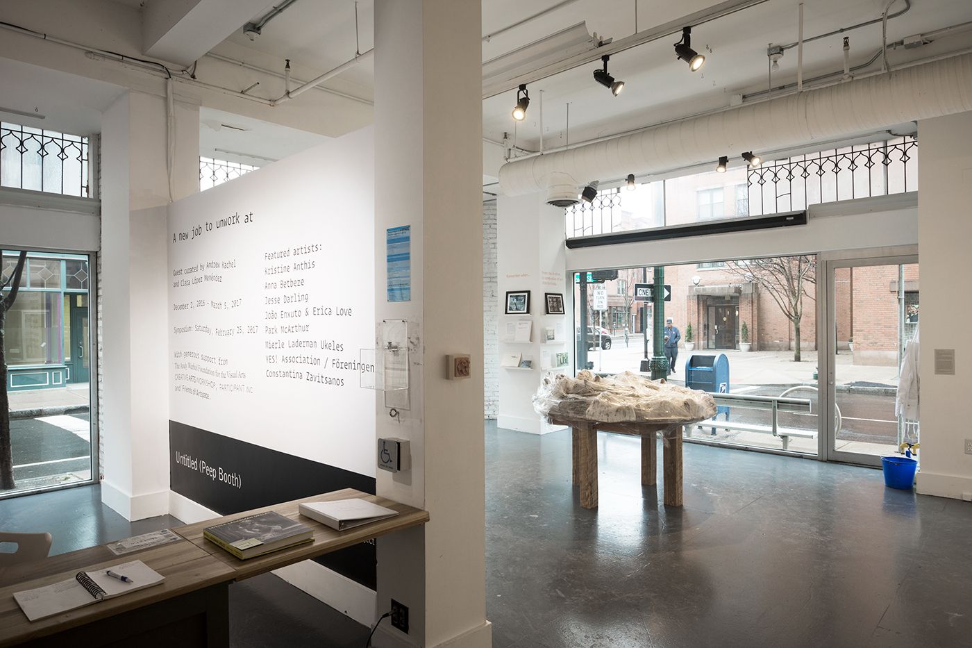 Artspace interior, showing an architectural sculpture on a table and the gallery wall.