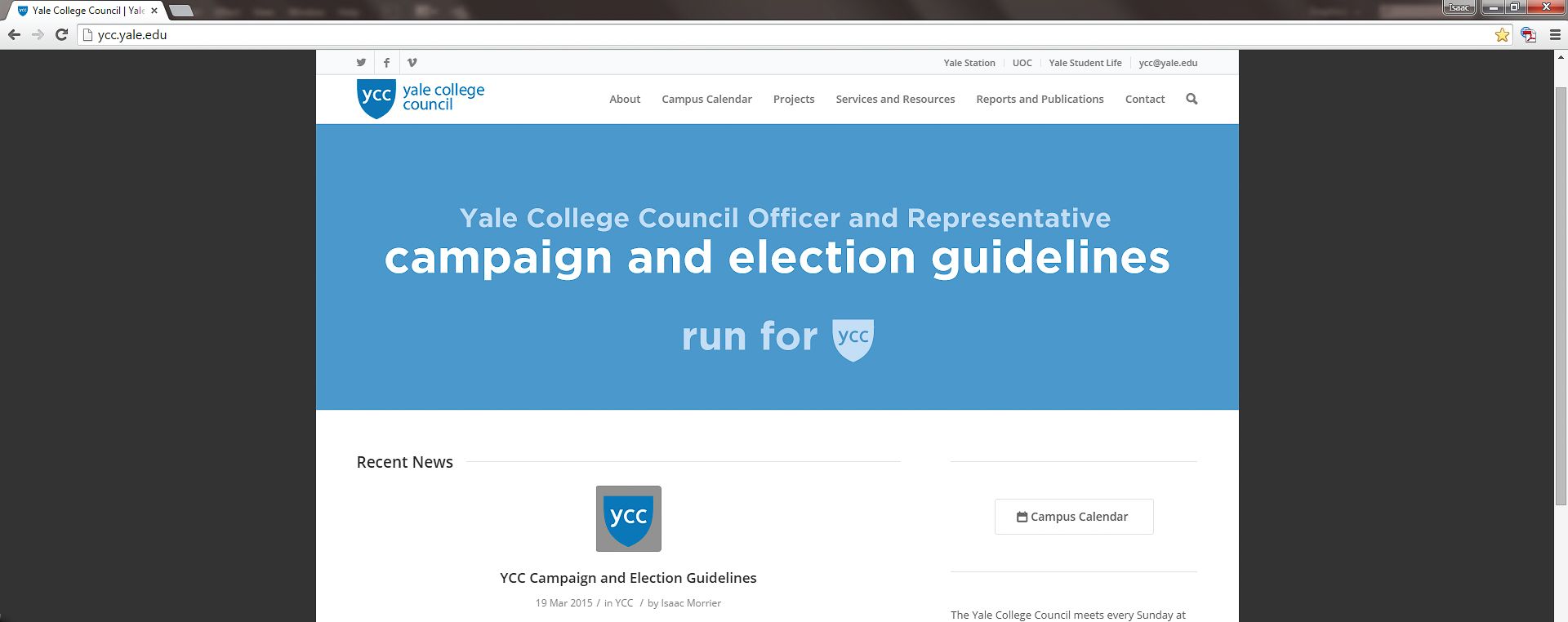 The home page of the YCC website. The hero graphic is blue and reads: campaign and election guidelines
