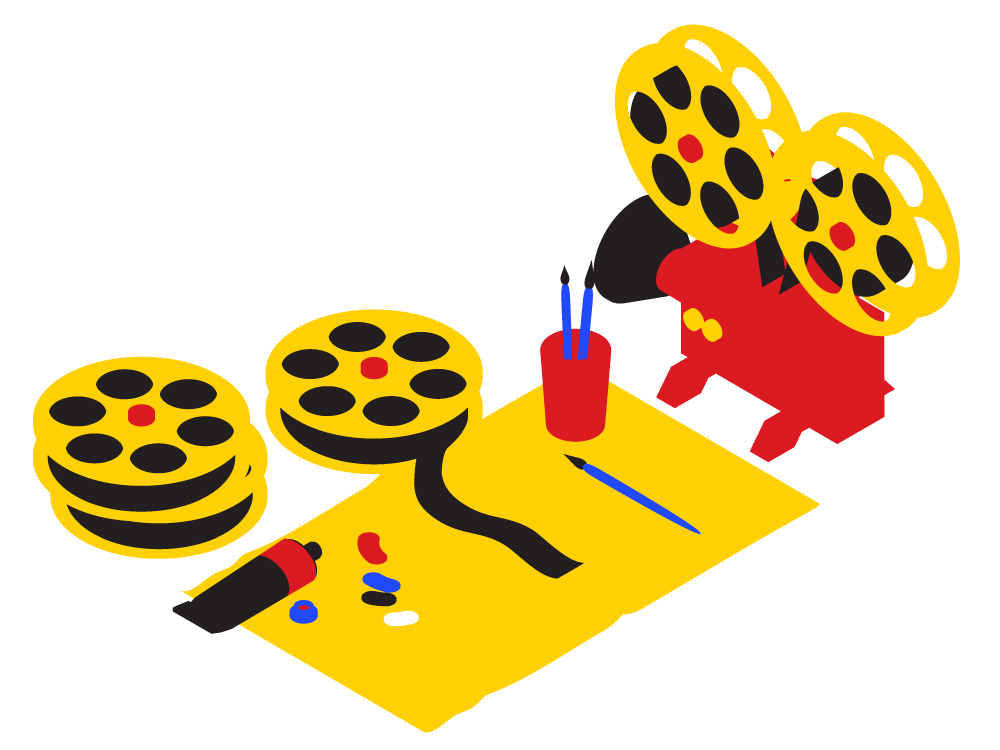 A blue, red, and yellow illustration of a film projector and painter’s placemat. Reels of film are stacked next to the mat. On the mat is a span of film, palette of paint, and set of paint brushes.