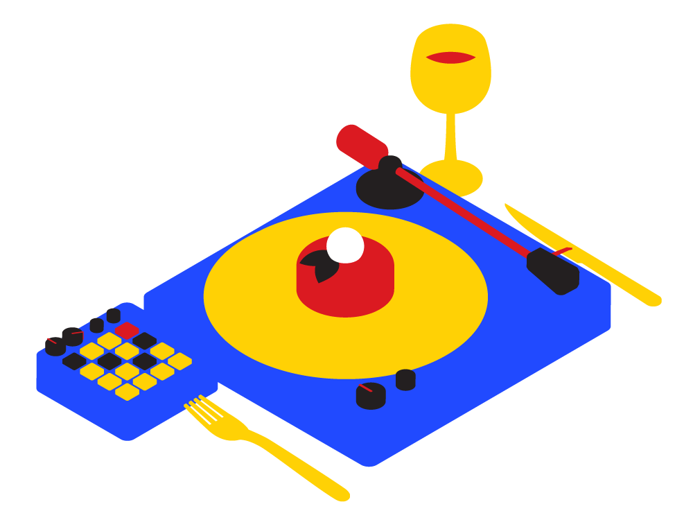 A blue, red, and yellow illustration of a DJ’s turntable. On the turntable is a plate with desert. Next to it are a fork, knife, and glass of wine.