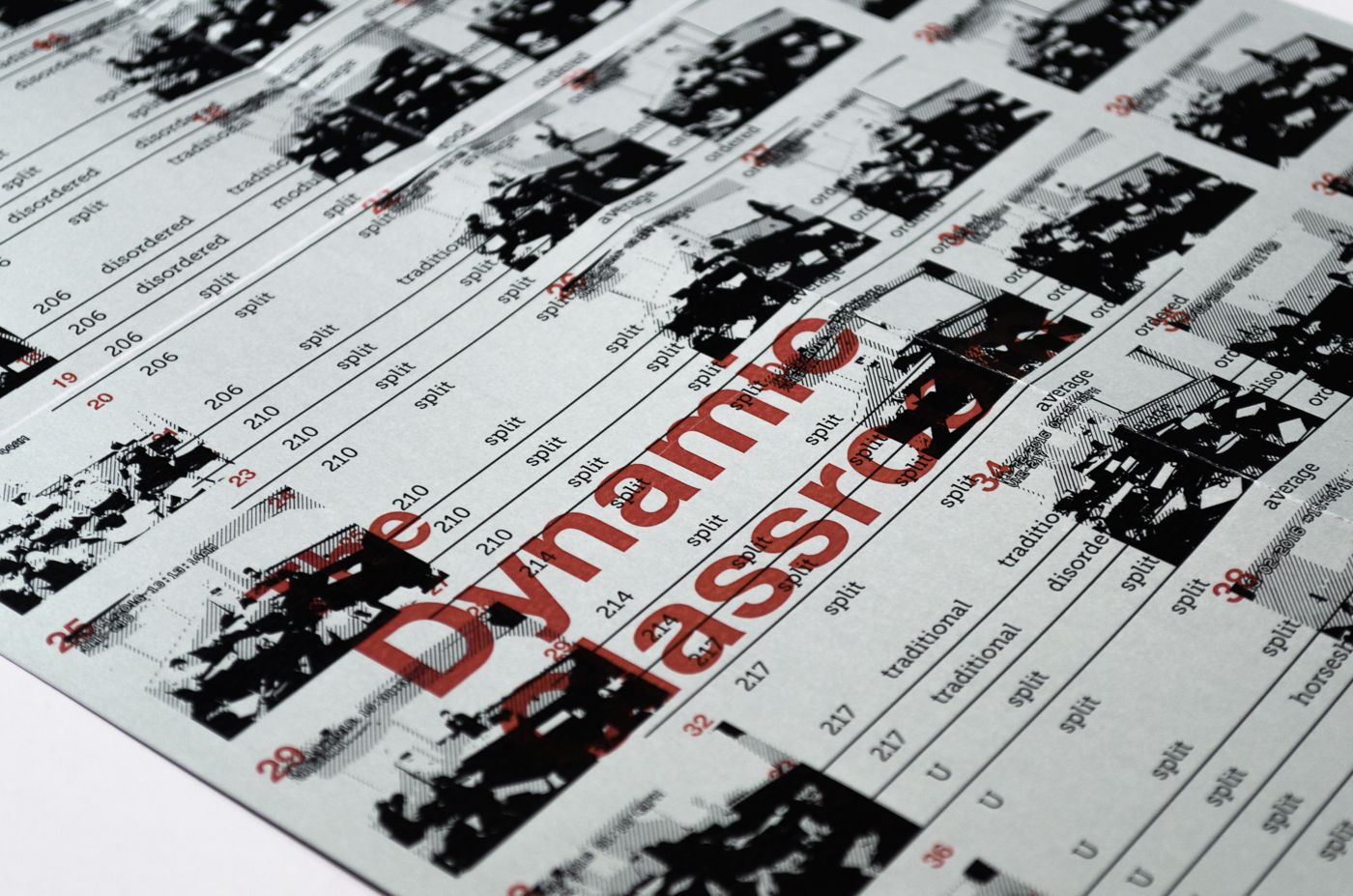 Detail of The Dynamic Classroom poster design. A grid of black photos of classrooms is printed on silver paper. “The Dynamic Classroom” is overprinted in red ink.