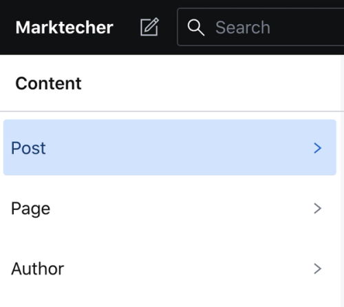 Opening the Post document type's submenu in the Sanity studio
