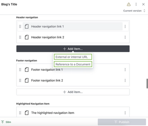 Adding header and footer navigation links in Sanity studio