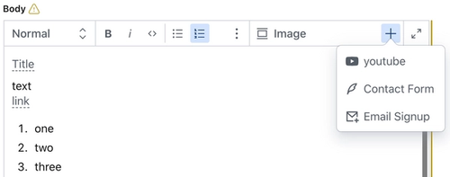 The plus sign will show all available elements that can be added to the blog post