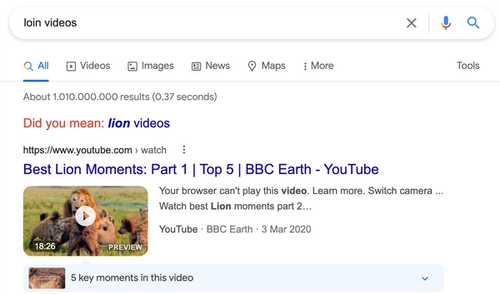 Google thinks that the "loin videos" query text is misspelled, suggest the possible correct version of the query "lion versions" and fetches the index for the "lion versions" query.