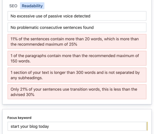 Blog post's Readability audit result provided by Yoast