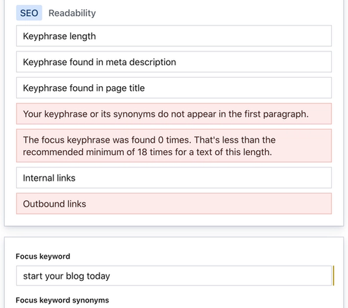 The focus keyword and the SEO audit results by Yoast. The red boxes are the issues