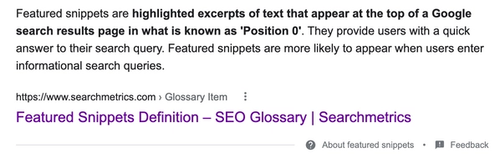 Featured snippet definition in the Featured snippet view