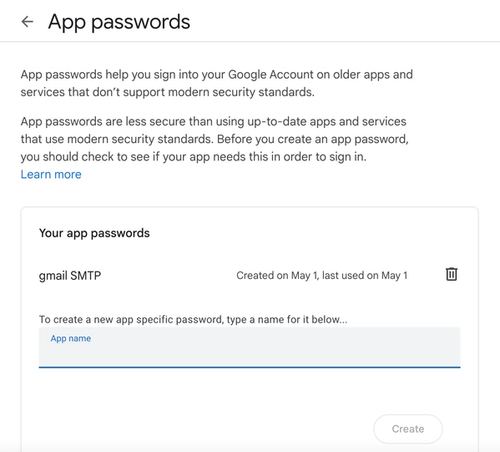 Google App Password Page