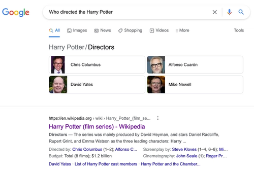 Google's answer to the term Who directed the Harry Potter. The answer is fetched from Google's Knowledge Graph