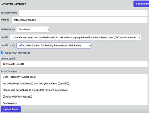 An example of a loaded Semiblast template