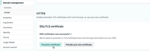 Clicking Provision certificate on the Netlify dashboard