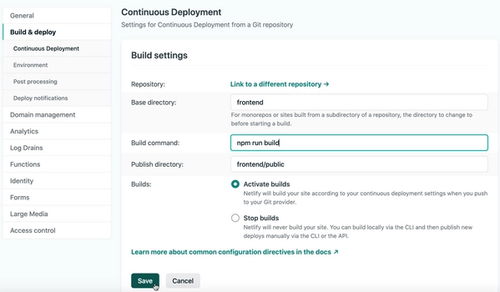 Filling the build settings for our blog to enable continuous deployment