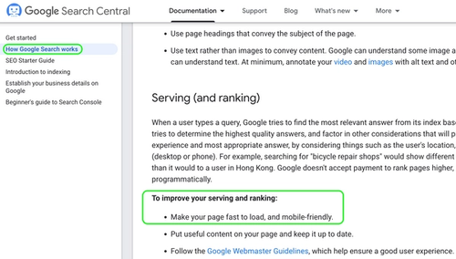 Recommendations by Google on how to improve rankings in search engine result pages