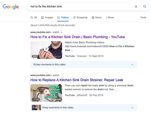 Google video search results page. Here the first result is a direct link to Youtube.