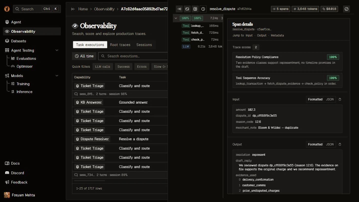 Execution detail with scores and trace evidence