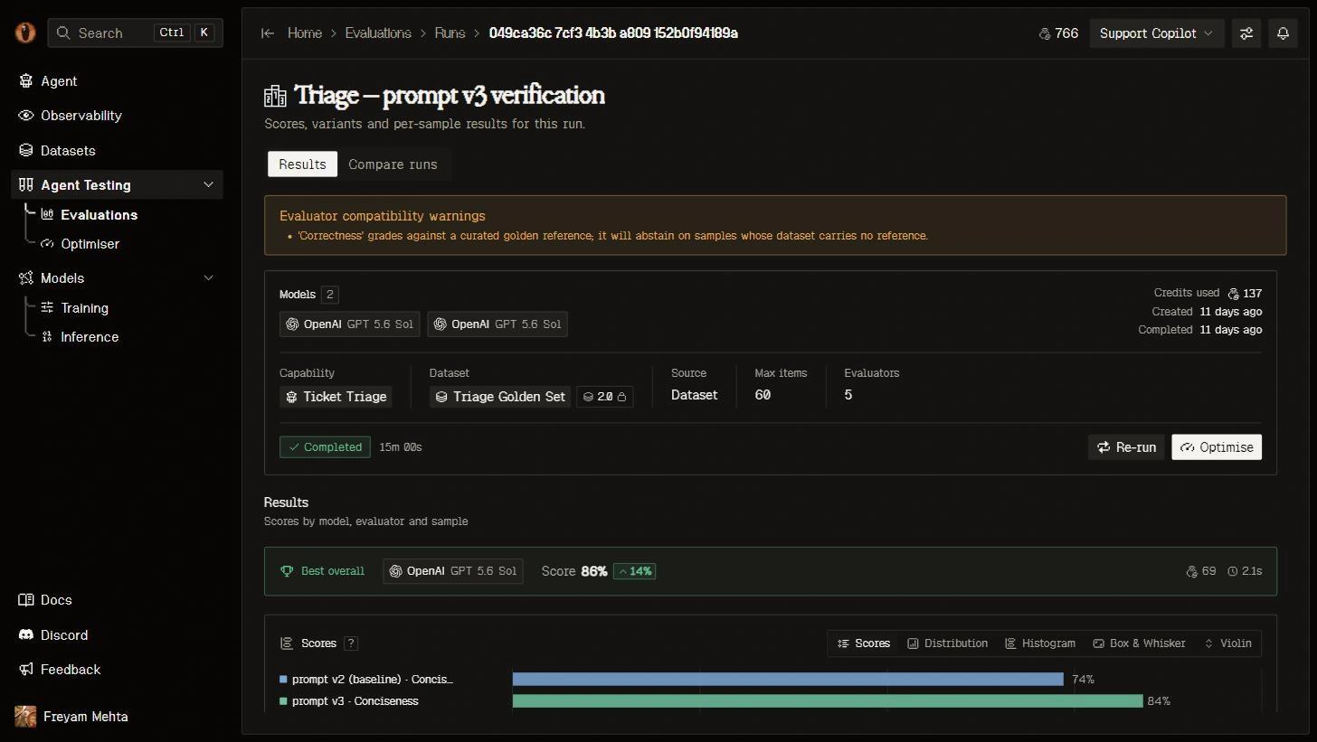 Evaluation run showing model scores and per-sample results