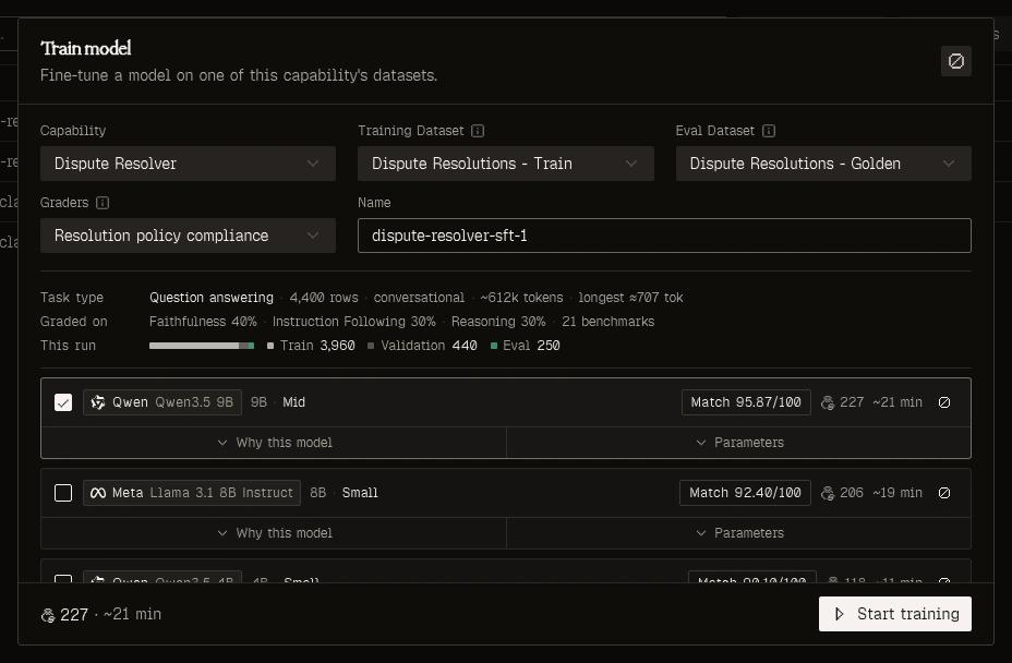 Training setup with dataset selection and model recommendations