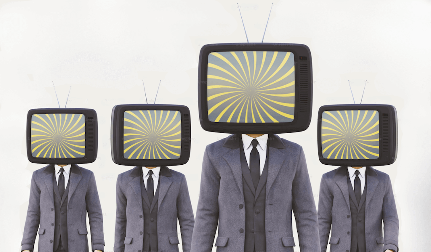 Men in a suits with TV's for a head, symbolizing media-driven startup distribution channels.